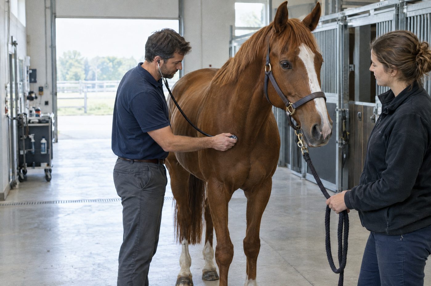 Tierarzt untersucht ein Pferd in einer modernen Klinik