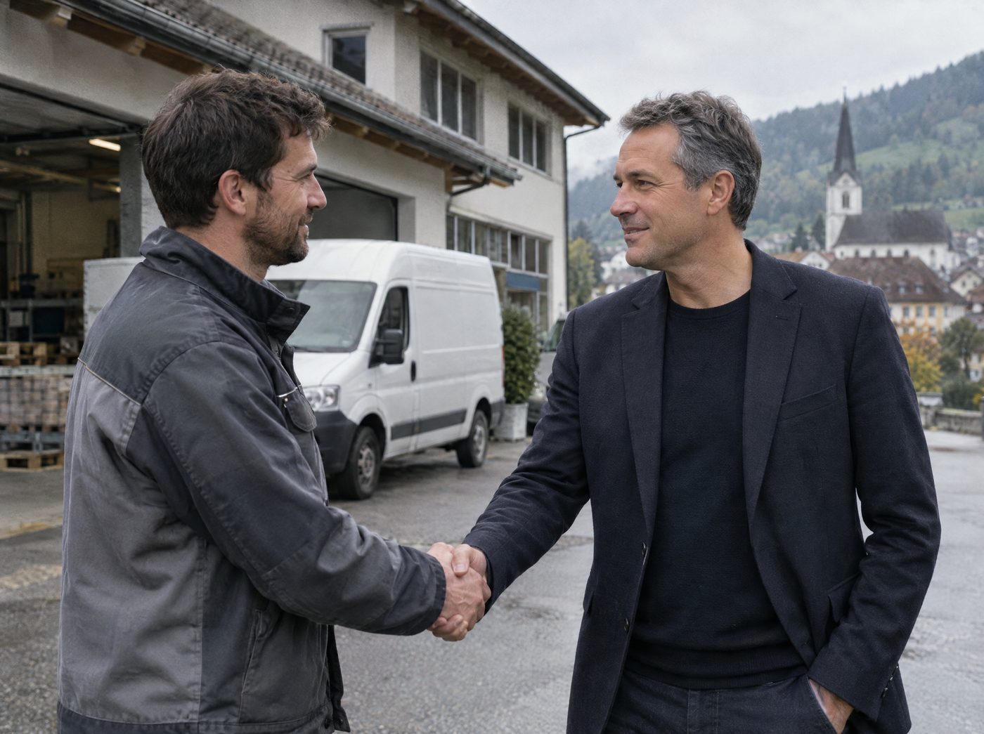 Handschlag zwischen zwei Unternehmern vor einem Firmengebäude