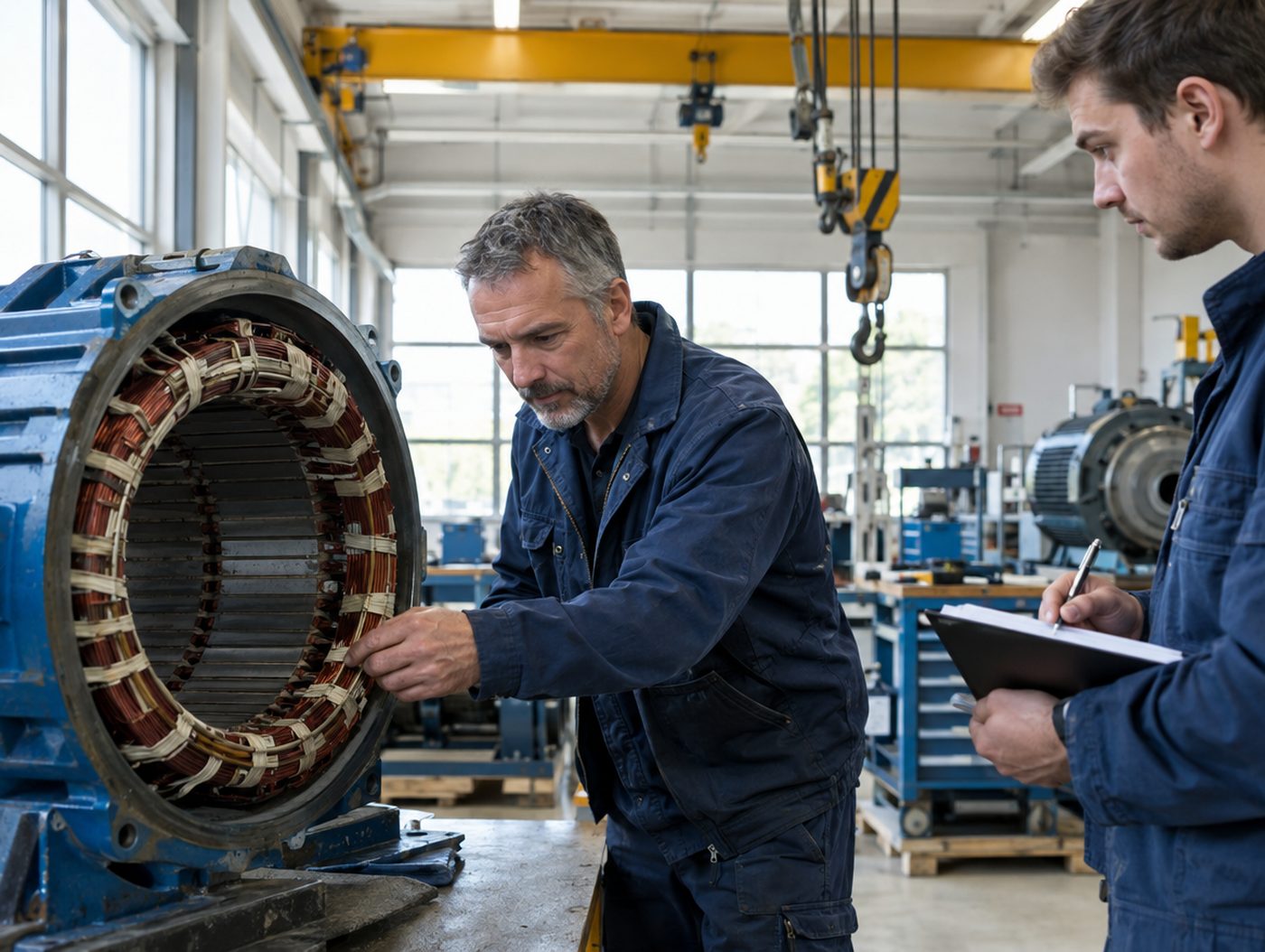 Servicetechniker prüfen einen grossen Elektromotor in einer Werkstatt