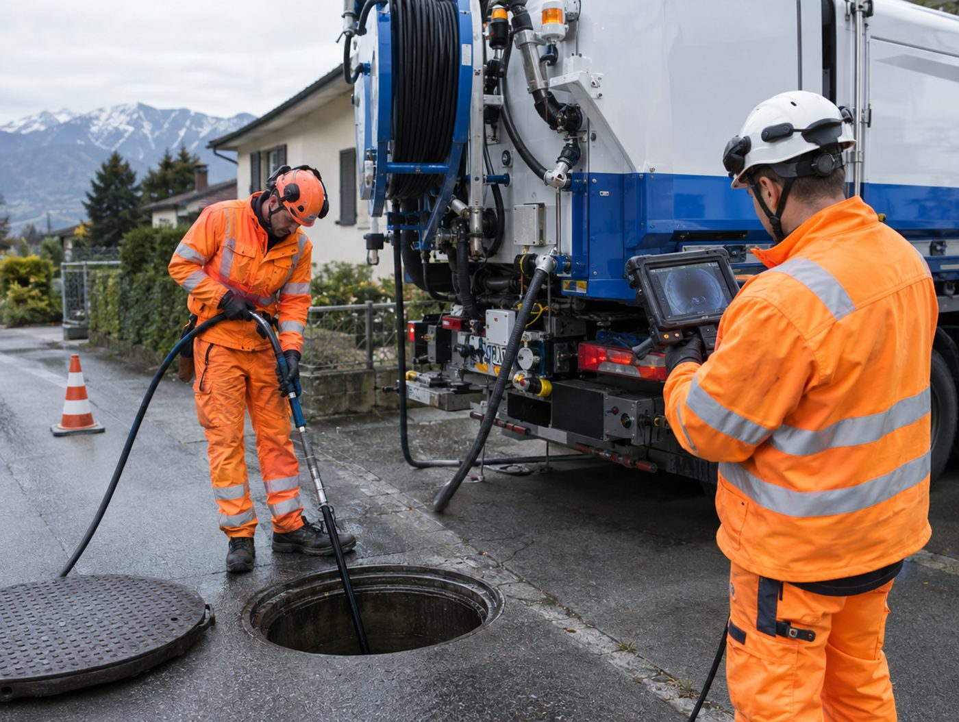 Kanalreinigungsteam mit Spülfahrzeug an einem offenen Schacht