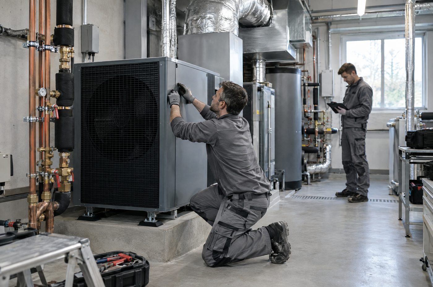 Gebäudetechniker installieren eine Wärmepumpe in einem Technikraum