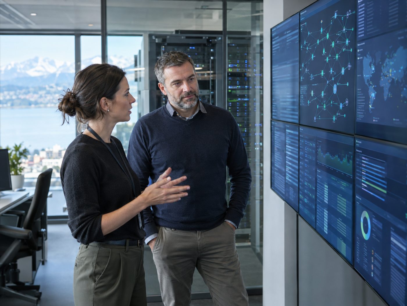 IT-Sicherheitsspezialisten besprechen Netzwerkdiagramme vor einer Monitorwand
